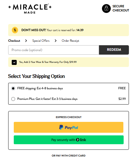 Miracle Sheets secure checkout page with free shipping and express checkout options